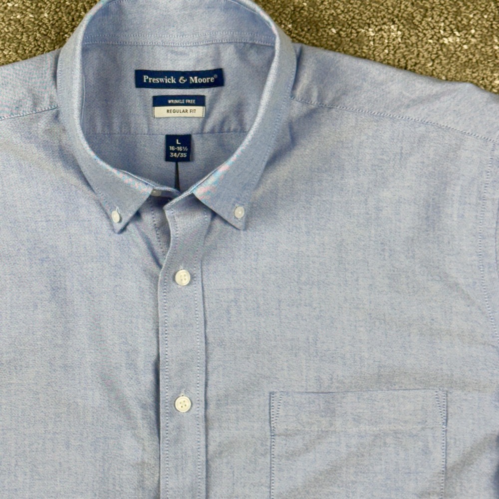 Preswick & Moore Button Down Shirt Mens L Blue Wrinkle Free Oxford Business